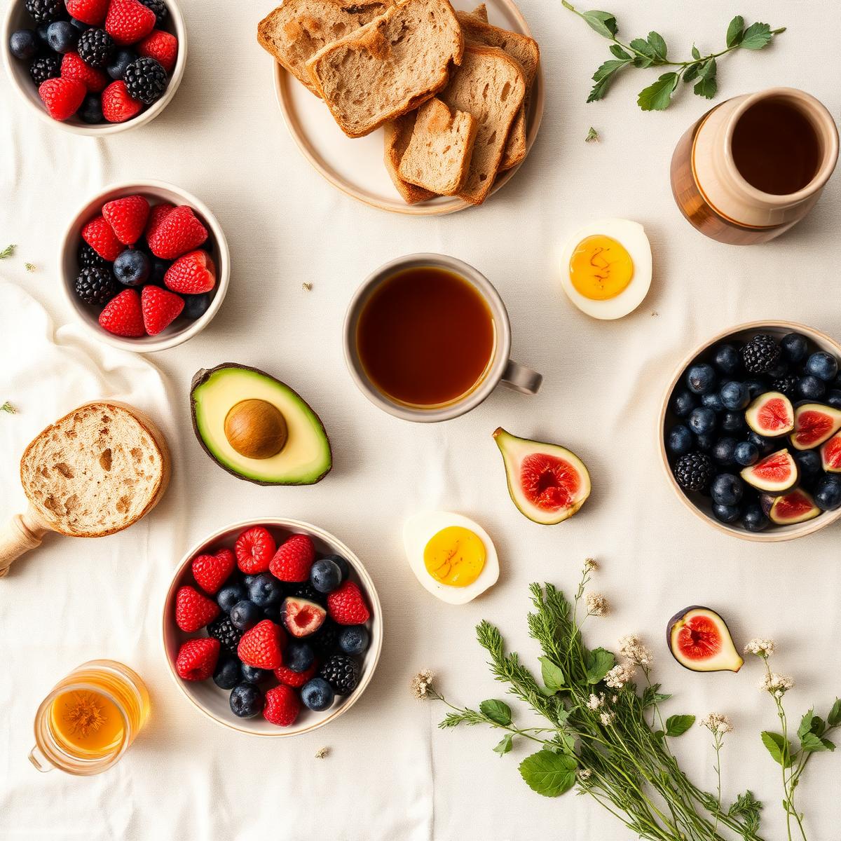 A plant-based Nordic breakfast spread on linen